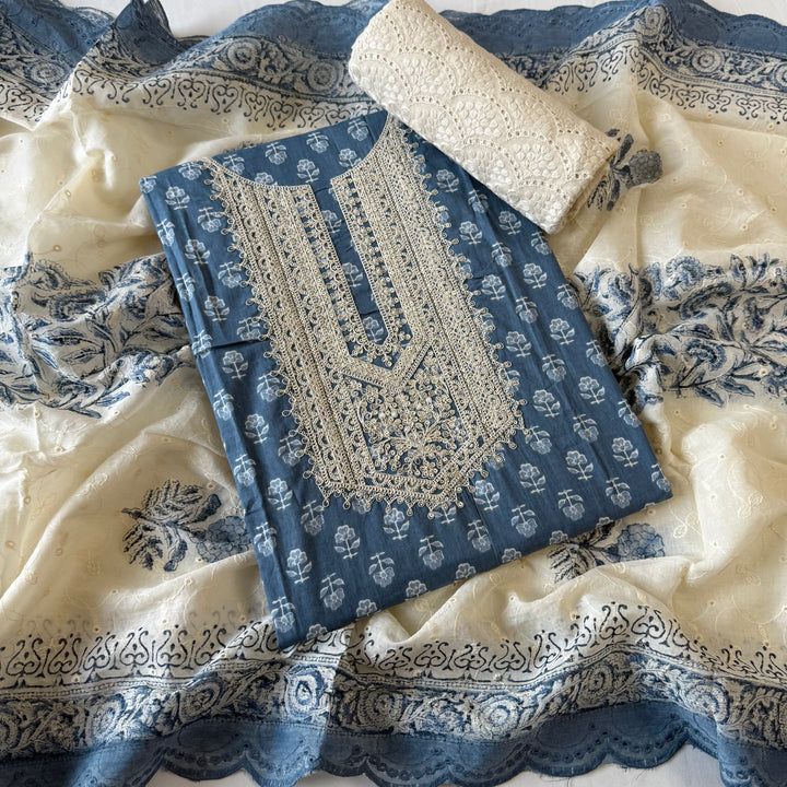 Printed Cotton Aari & Sequins Work Unstitched Suit Set