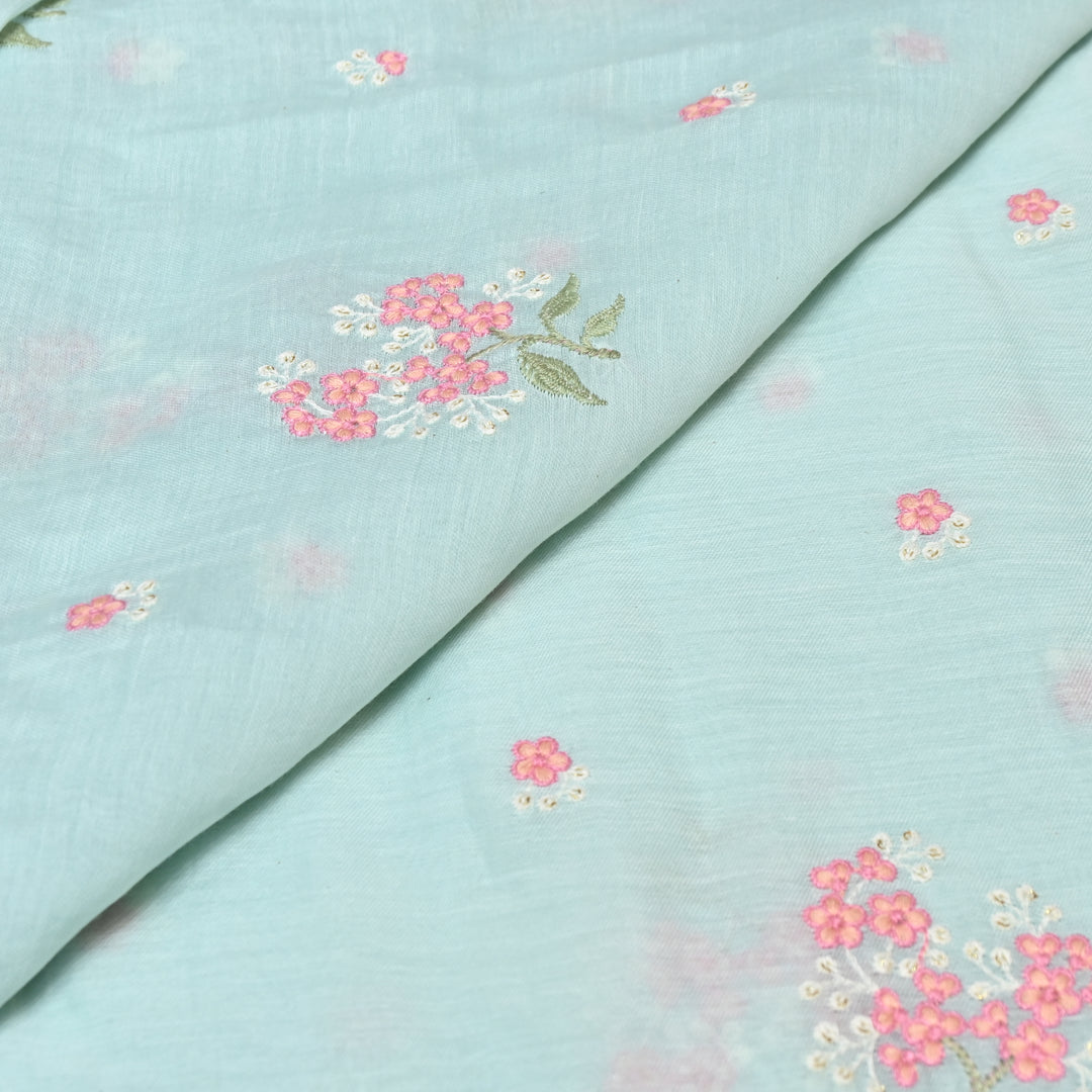 POWDER BLUE COLOR MUL CHANDERI THREAD EMBROIDERY FABRIC - GP4822- 02