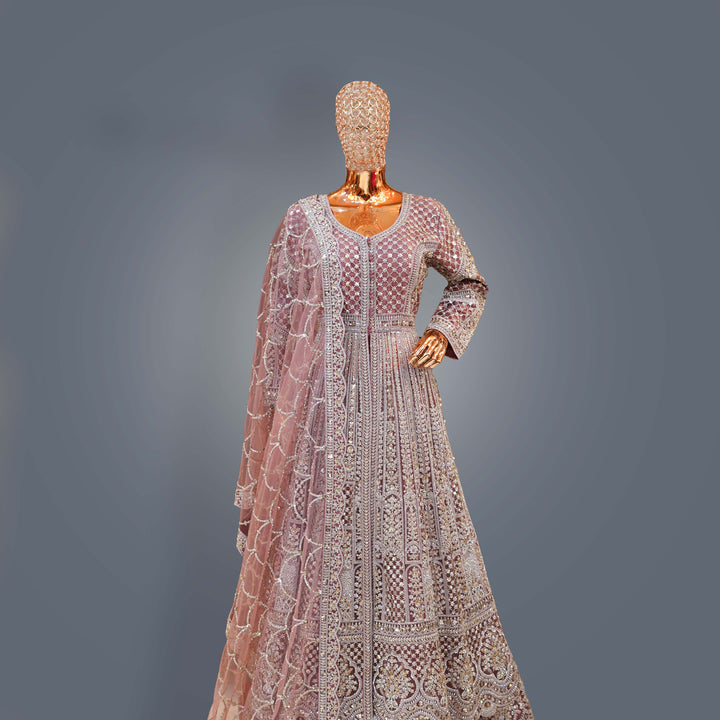 Deep Mauve Designer Anarkali Bridal Dress with Heavy Zari, Sequins, Cutdana and Hand Embroidery