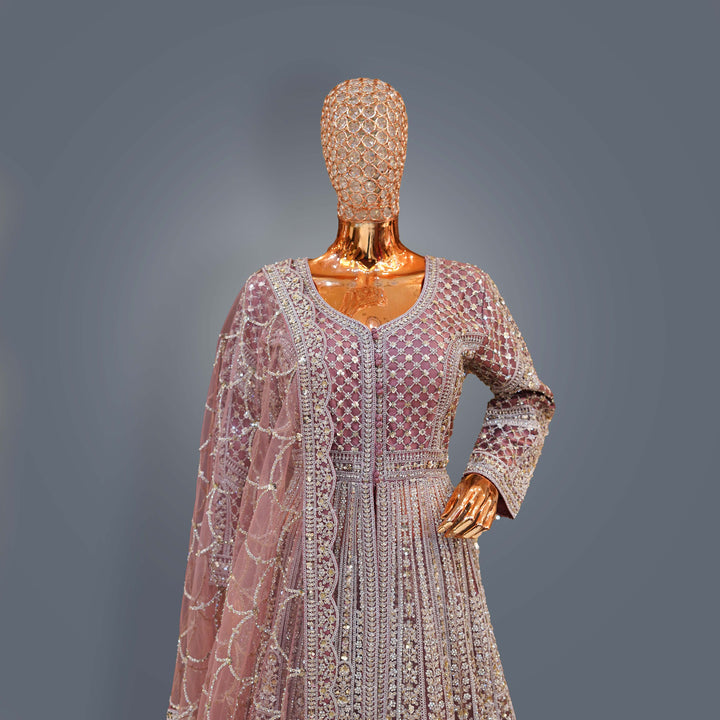 Deep Mauve Designer Anarkali Bridal Dress with Heavy Zari, Sequins, Cutdana and Hand Embroidery