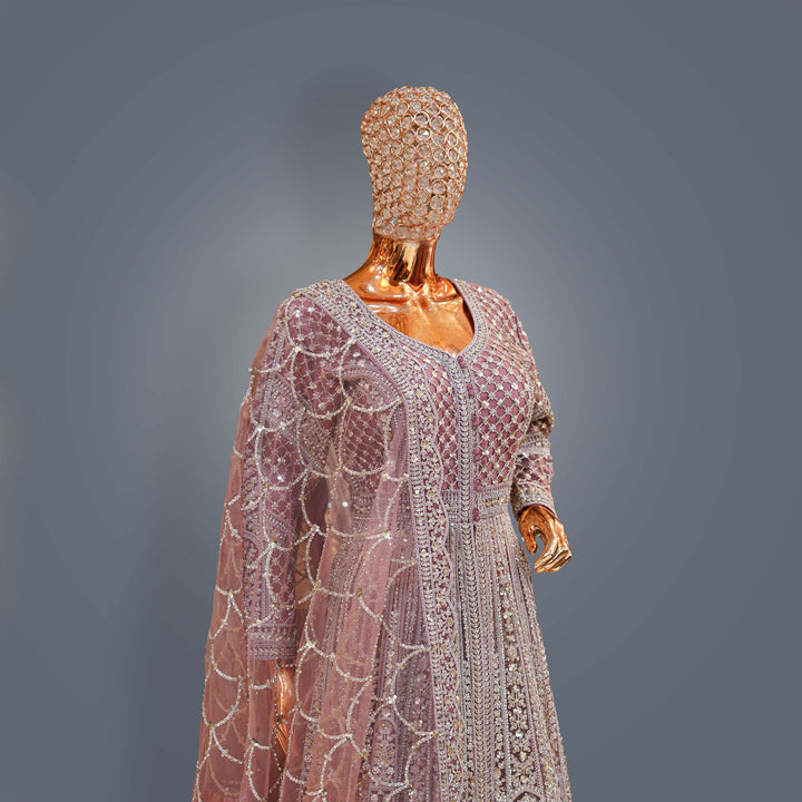 Deep Mauve Designer Anarkali Bridal Dress with Heavy Zari, Sequins, Cutdana and Hand Embroidery