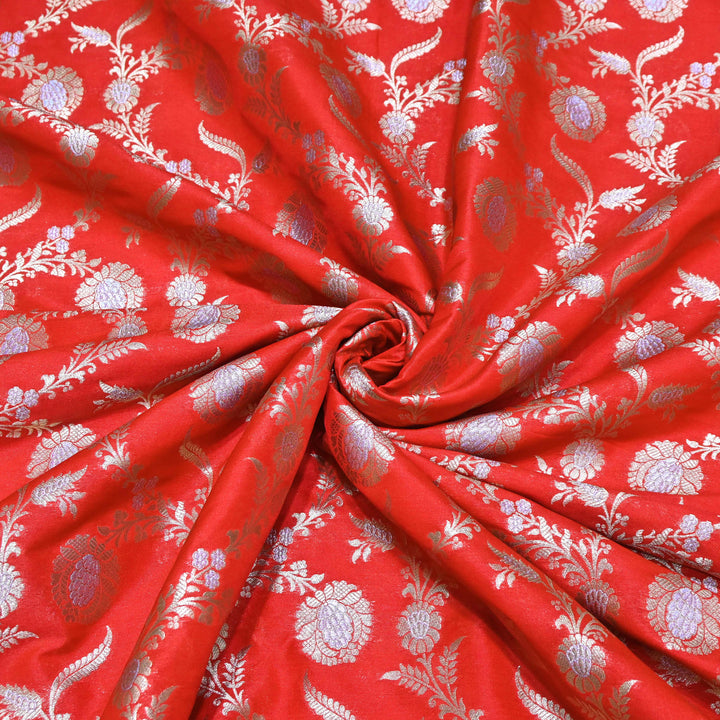 Vermilion Red & Silver Zari Floral Brocade Fabric.