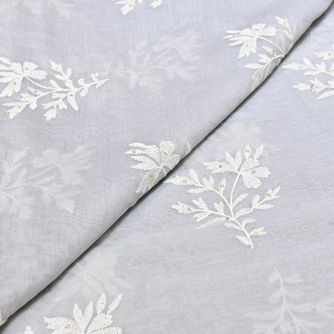 Grey Color Mul Chanderi Thread Embroidery Fabric – Soft Lightweight Designer Fabric- V2359C-3