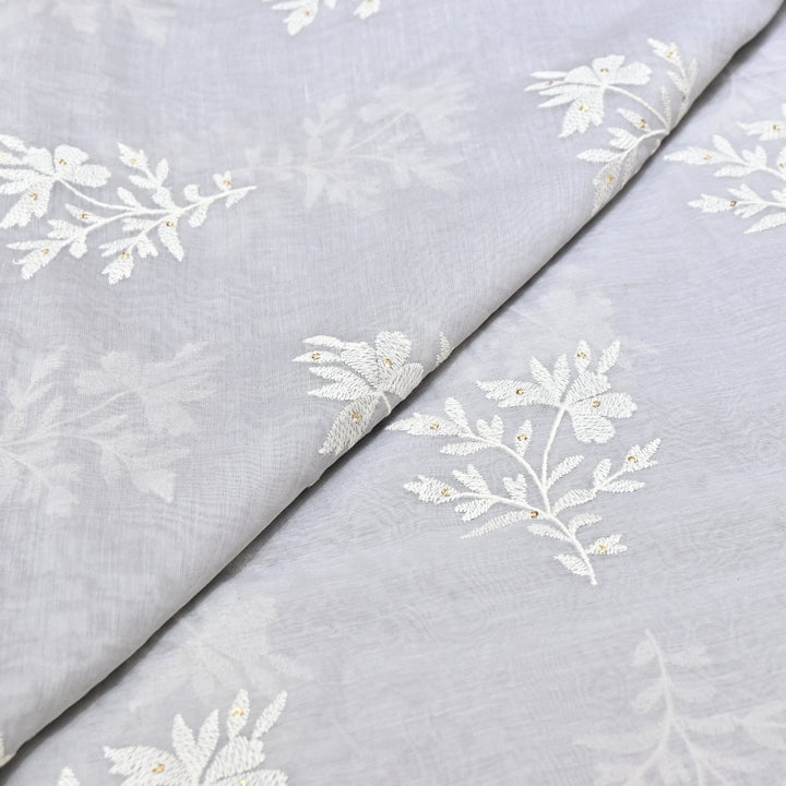 Grey Color Mul Chanderi Thread Embroidery Fabric – Soft Lightweight Designer Fabric- V2359C-3