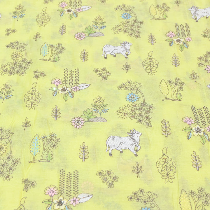 Lime Yellow Mul Chanderi Fabric with Sequins & Thread  Embroidery