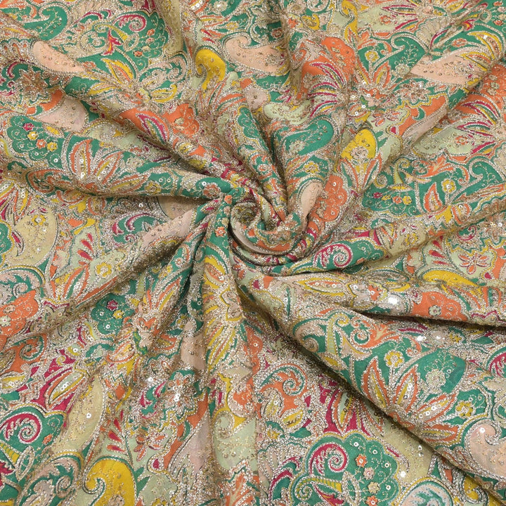 Viscose Georgette  Position Prints, Zari Sequin Embroidery Fabrics