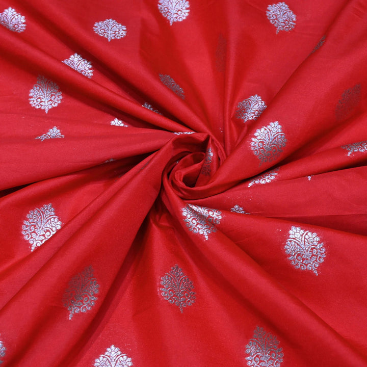 Persian Red Color Katan Silk Zari Buti Brocade Fabric