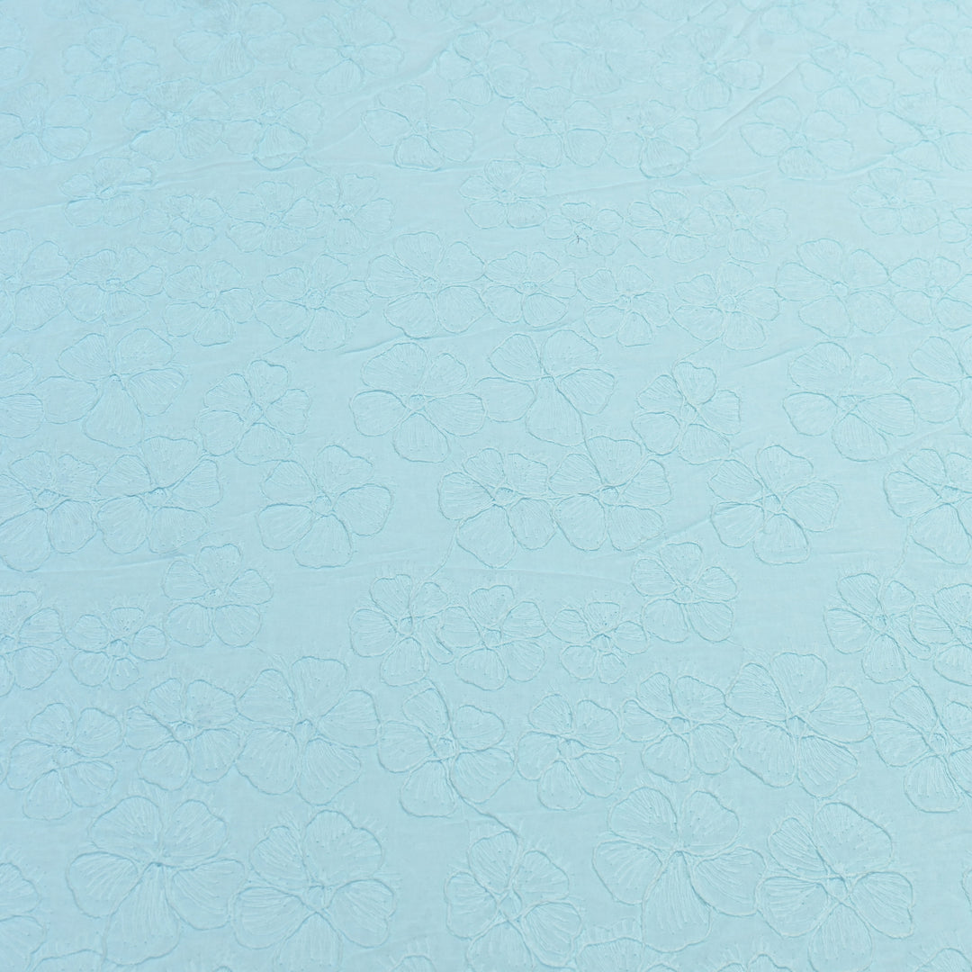 Sky Blue Color Cotton Floral Thread Embroidery Fabric – Soft Designer Embroidered Cotton Fabric 0AT112-1