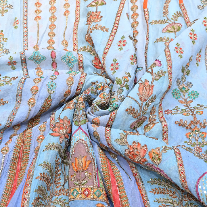Premium Viscose Georgette Position Print Fabric With Zari Sequence Embroidery - Designer Ethnic Fabric-00P300-4