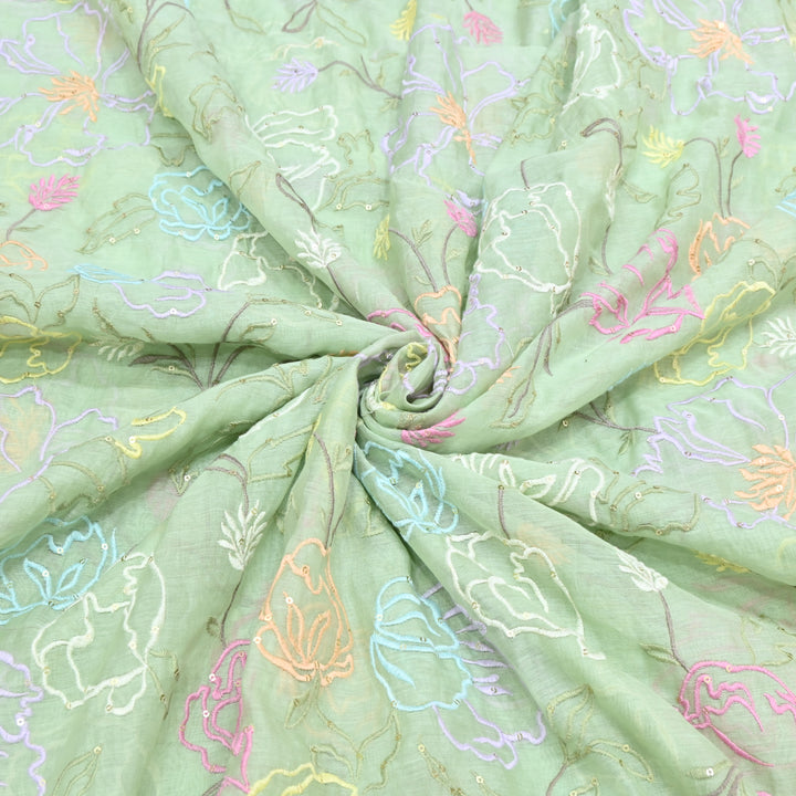 Pista Green Mul Chanderi Fabric with allover Thread Embroidery