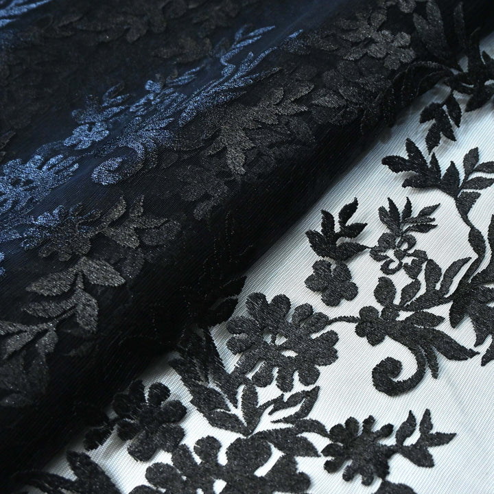 Black Color Floral Thread Work Net Embroidery Fabric