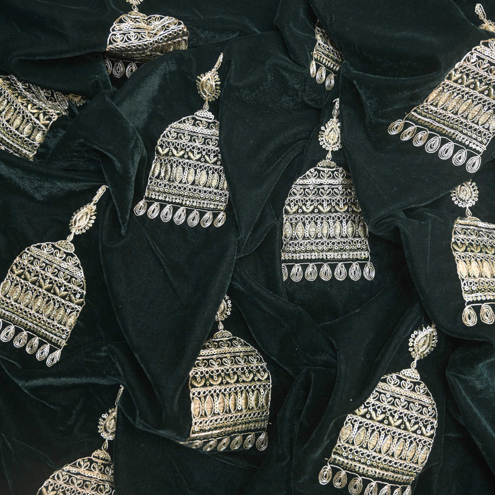 Dark green Embroidery Zari Work velvet fabric | 947-266G
