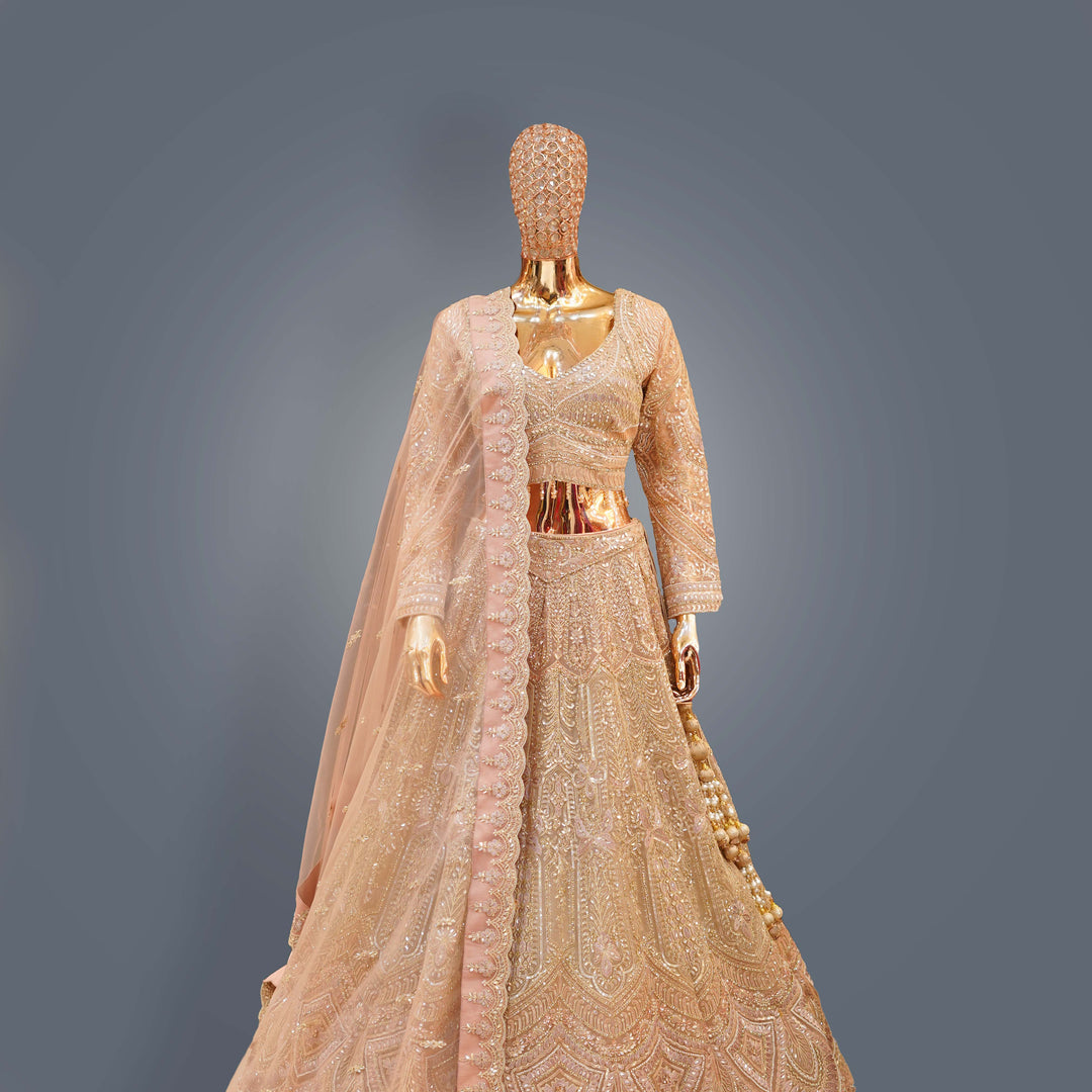 Pastel Peach Bridal Lehenga Set with Zari, Sequins and Hand Embroidery