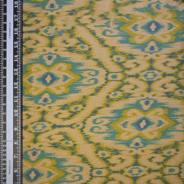 Beige and Teal Ikat-Inspired Cotton Printed Fabric