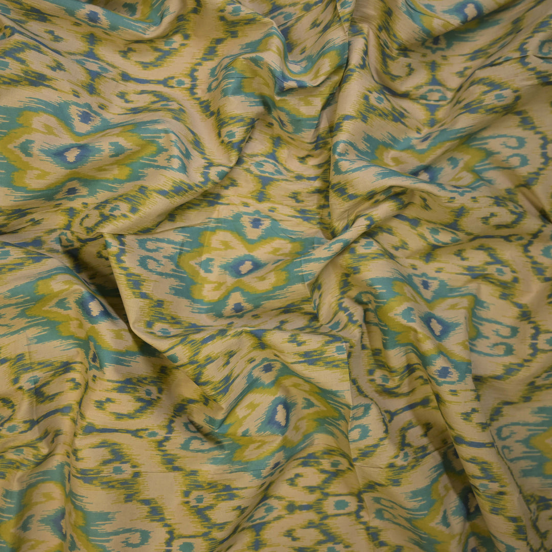 Beige and Teal Ikat-Inspired Cotton Printed Fabric
