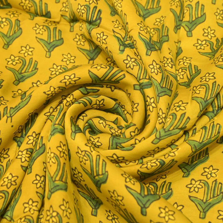 Mustard Yellow Modal Satin Fabric in Digital Print