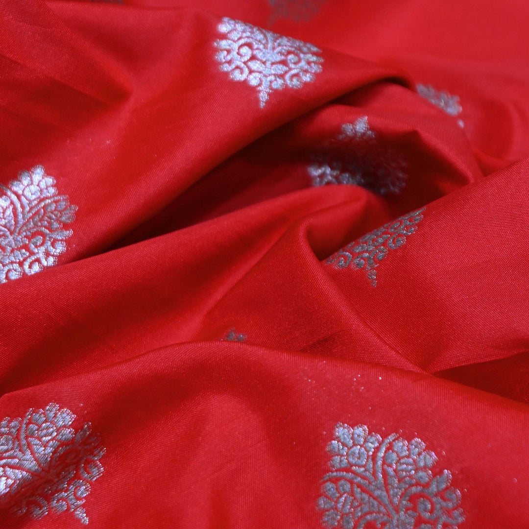 Persian Red Color Katan Silk Zari Buti Brocade Fabric