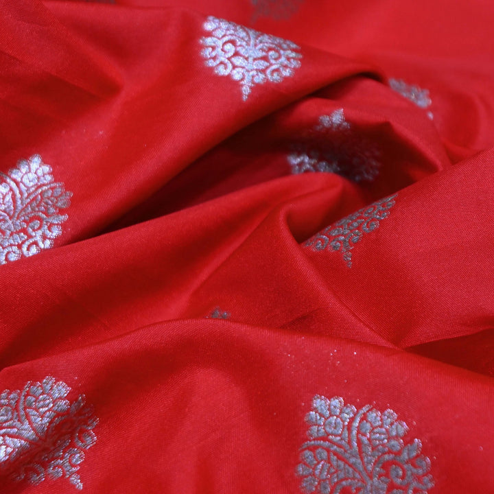 Persian Red Color Katan Silk Zari Buti Brocade Fabric