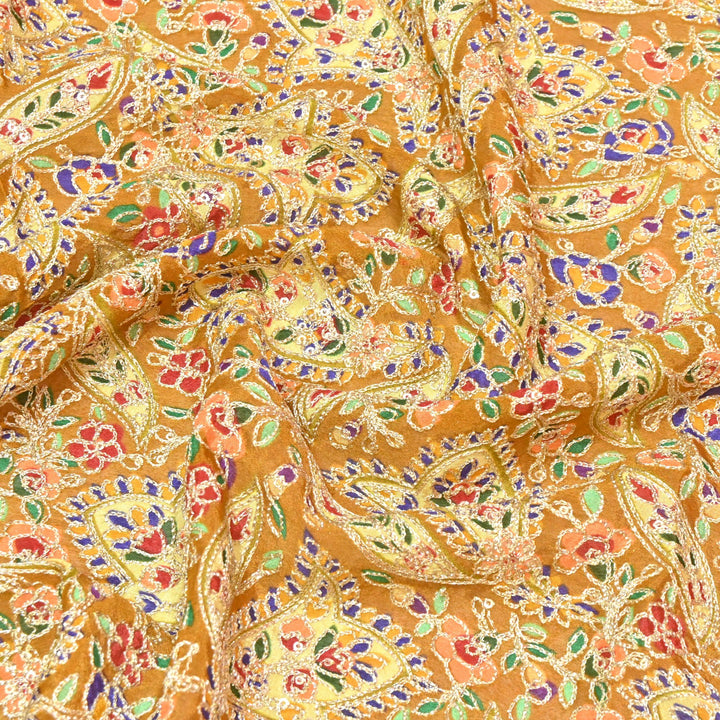 Chinon Position Print Zari Sequins Embroidery Fabrics