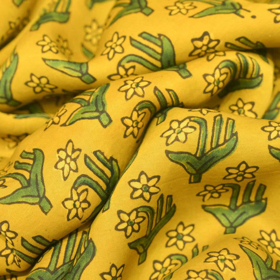 Mustard Yellow Modal Satin Fabric in Digital Print