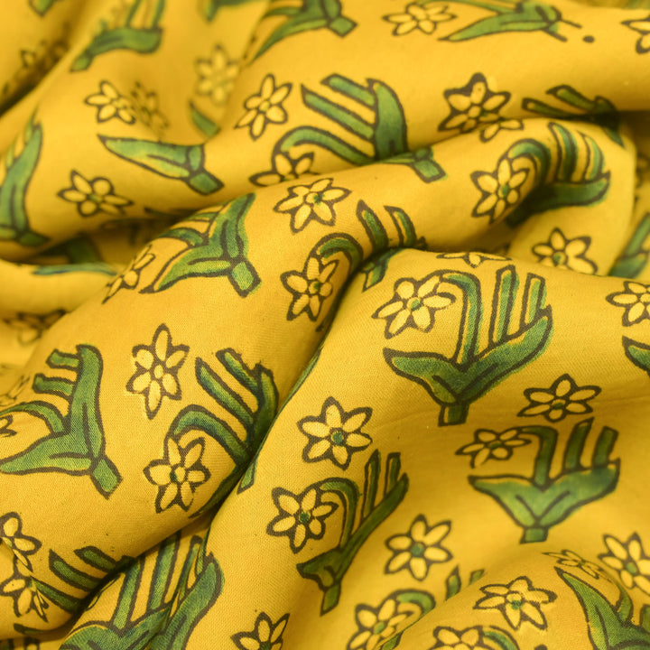 Mustard Yellow Modal Satin Fabric in Digital Print