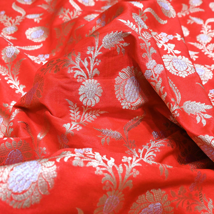Vermilion Red & Silver Zari Floral Brocade Fabric.