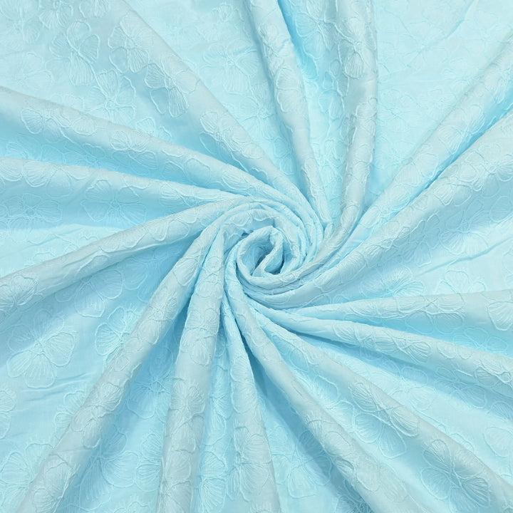 Sky Blue Color Cotton Floral Thread Embroidery Fabric – Soft Designer Embroidered Cotton Fabric 0AT112-1