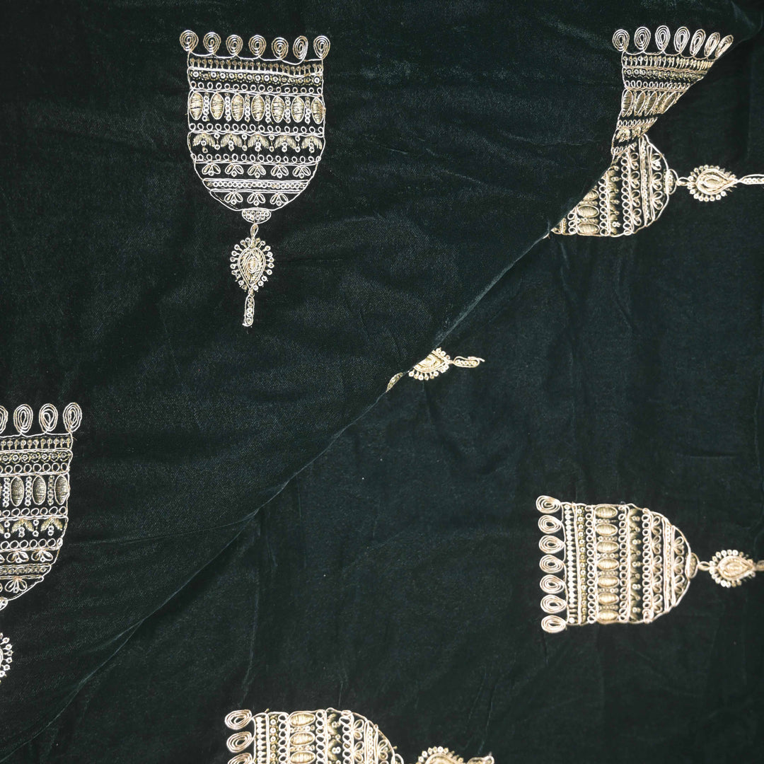 Dark green Embroidery Zari Work velvet fabric | 947-266G