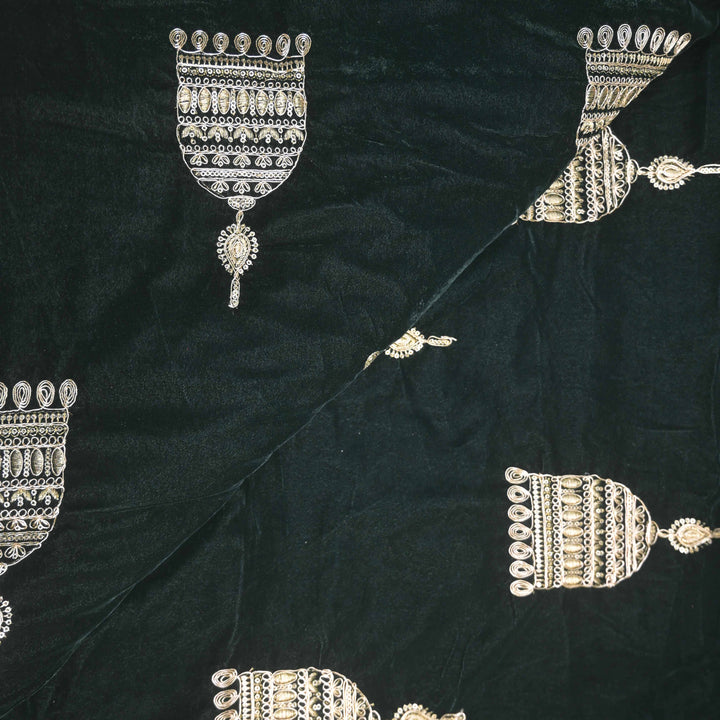 Dark green Embroidery Zari Work velvet fabric | 947-266G