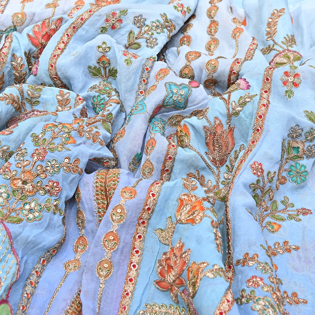 Premium Viscose Georgette Position Print Fabric With Zari Sequence Embroidery - Designer Ethnic Fabric-00P300-4