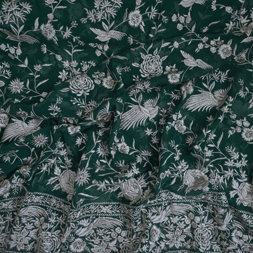 Emerald Green (Deep Bottle Green) Georgette with White Thread Embroidery | GGT-7584