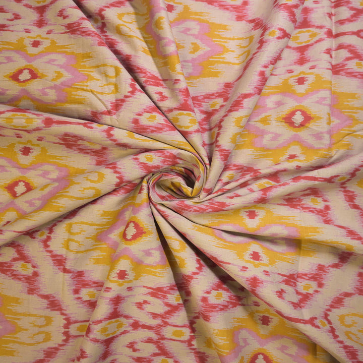 Pink and Yellow Ikat-Inspired Cotton Printed Fabric