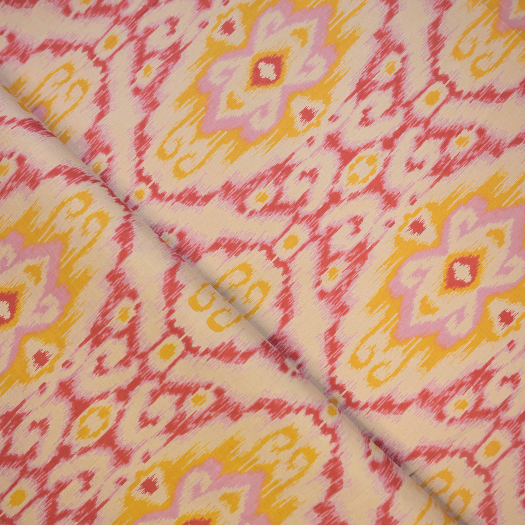 Pink and Yellow Ikat-Inspired Cotton Printed Fabric