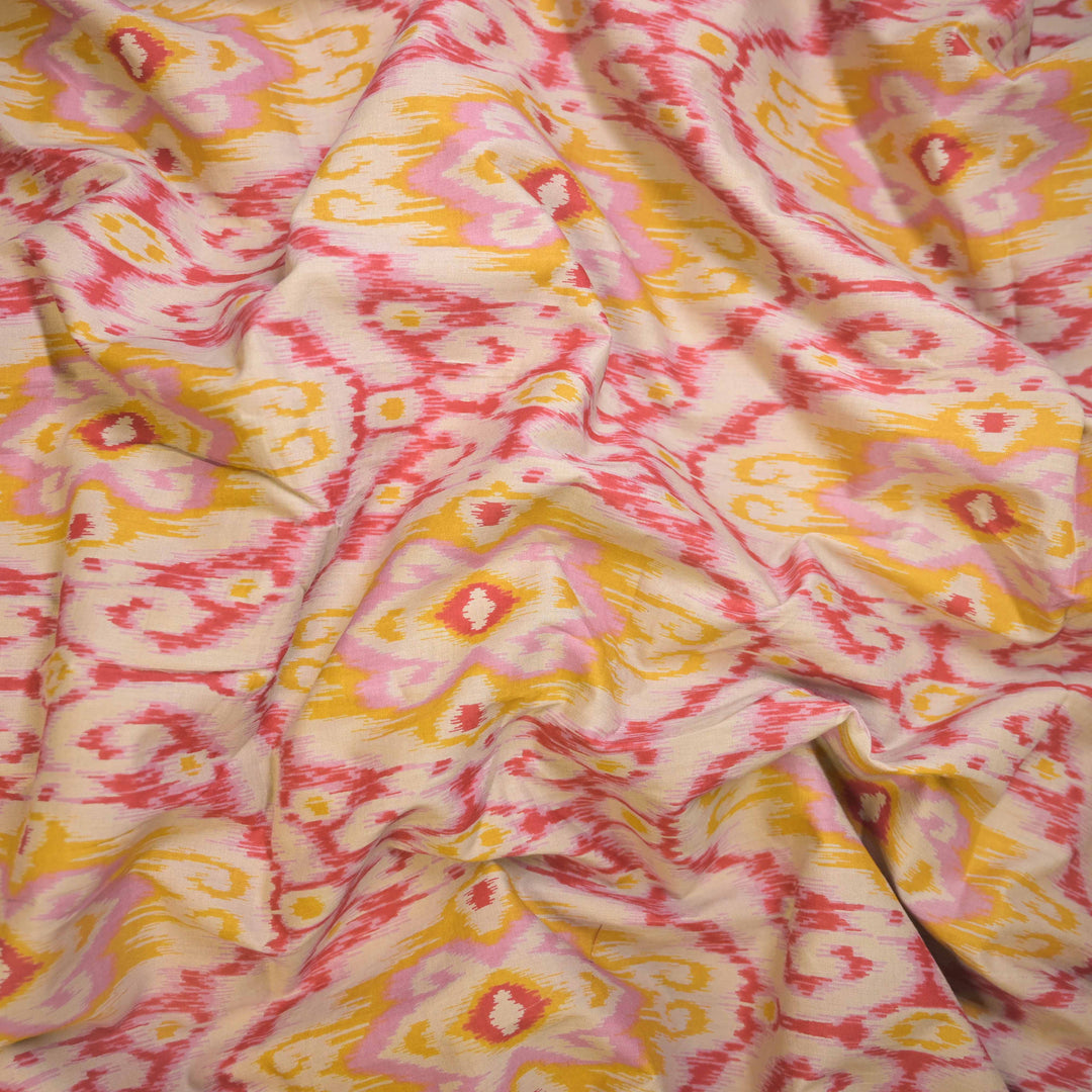 Pink and Yellow Ikat-Inspired Cotton Printed Fabric