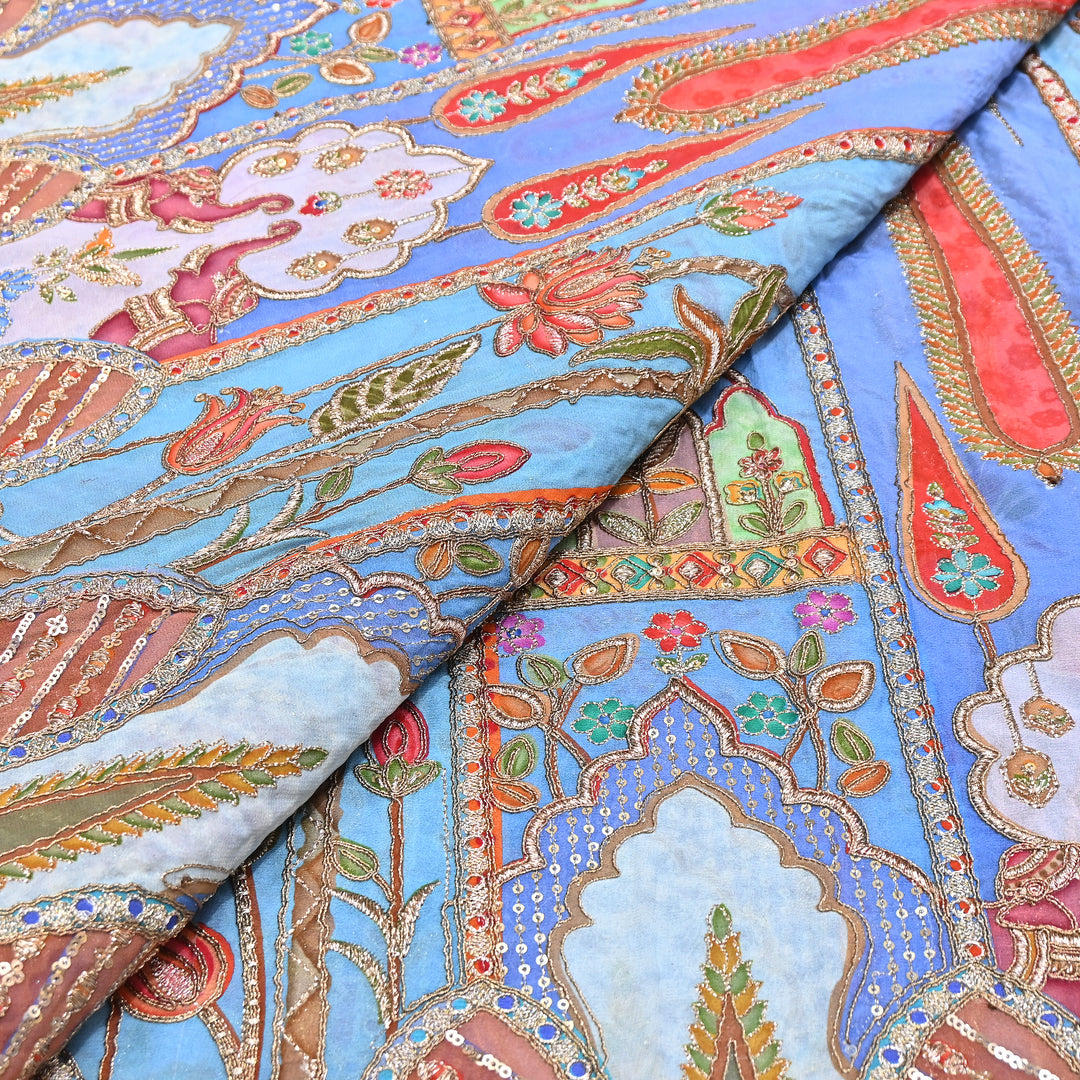 Premium Viscose Georgette Position Print Fabric With Zari Sequence Embroidery - Designer Ethnic Fabric-00P300-4