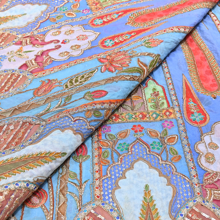 Premium Viscose Georgette Position Print Fabric With Zari Sequence Embroidery - Designer Ethnic Fabric-00P300-4