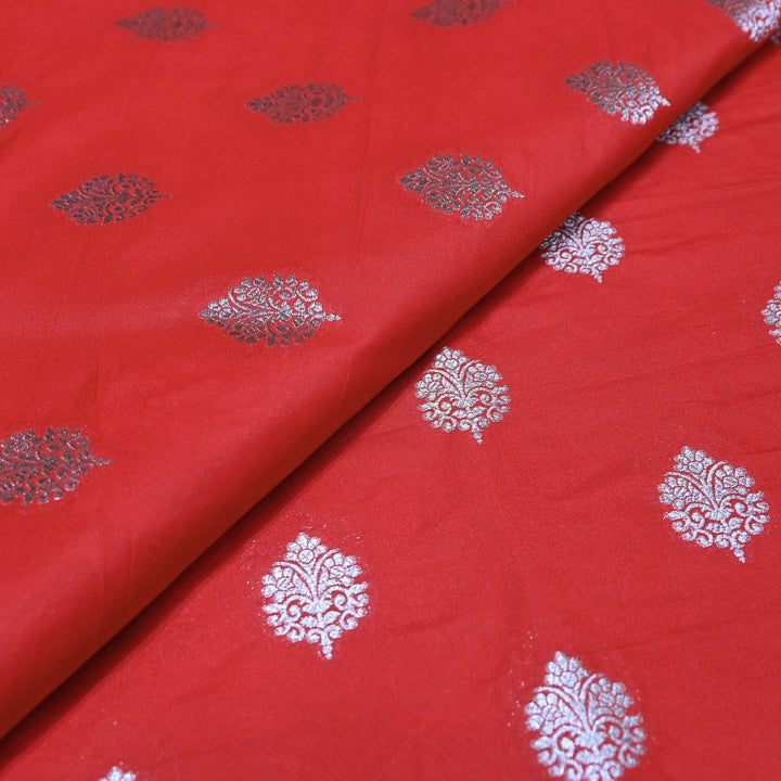 Persian Red Color Katan Silk Zari Buti Brocade Fabric