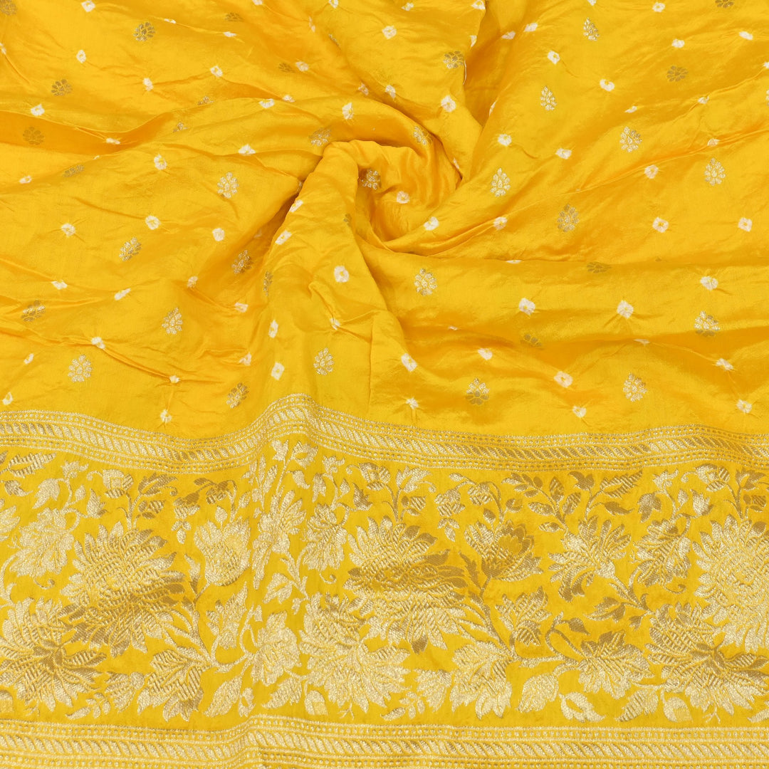 Exclusive Heavy Zari Botti Work And Premium Border Hand Work On Pure Silk Bandhani Fabric