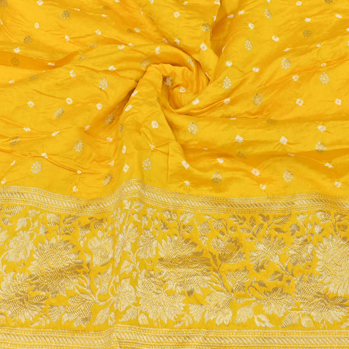 Exclusive Heavy Zari Botti Work And Premium Border Hand Work On Pure Silk Bandhani Fabric