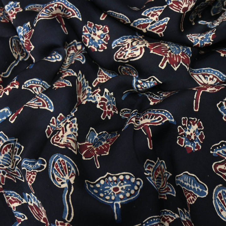 Midnight Navy Blue Modal Satin Fabric in Digital Print.