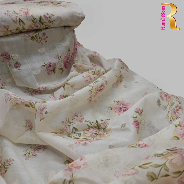 Off White Silk Chanderi Zari Print.| 248-389O