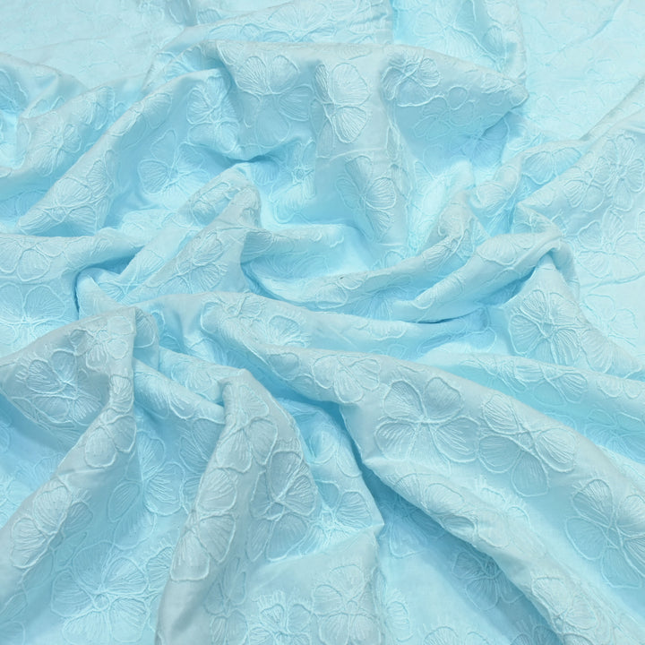 Sky Blue Color Cotton Floral Thread Embroidery Fabric – Soft Designer Embroidered Cotton Fabric 0AT112-1