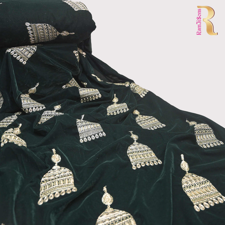 Dark green Embroidery Zari Work velvet fabric | 947-266G