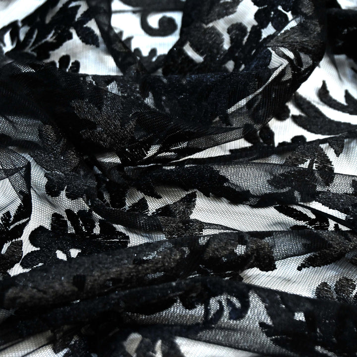 Black Color Floral Thread Work Net Embroidery Fabric