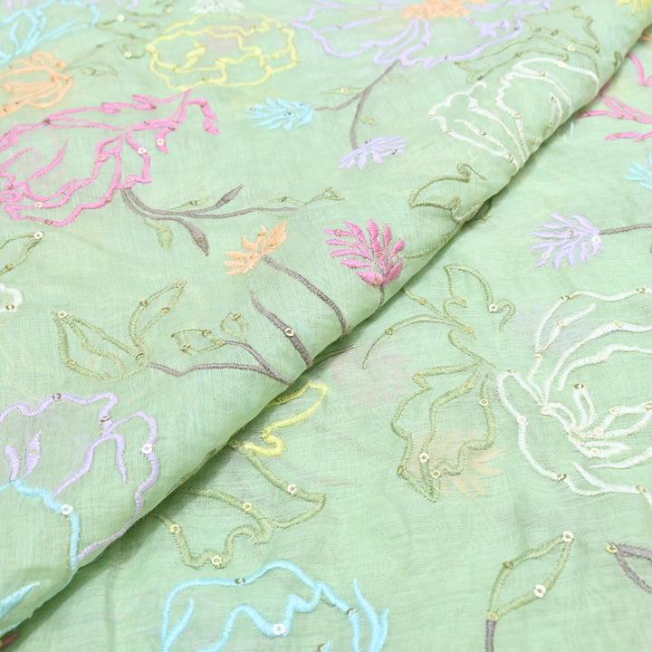 Pista Green Mul Chanderi Fabric with allover Thread Embroidery