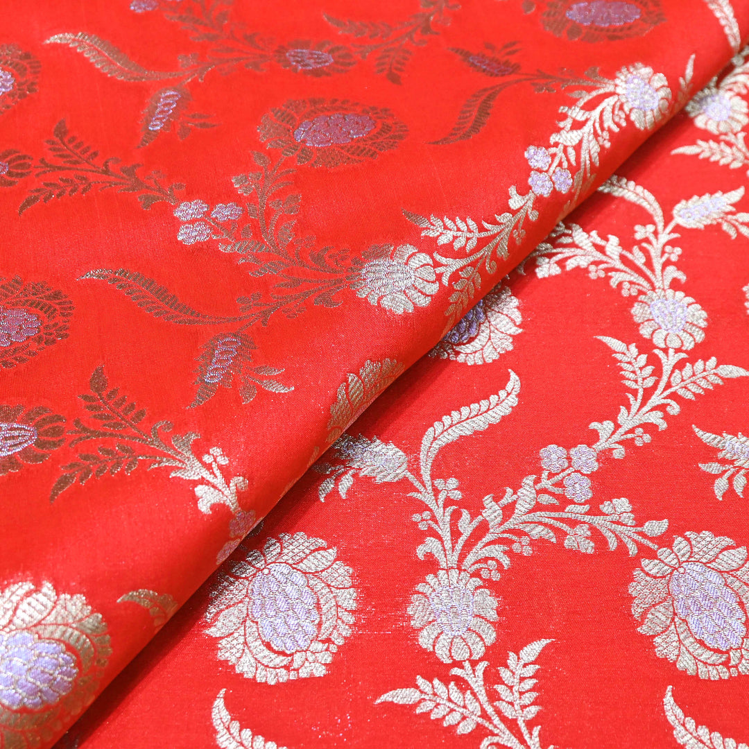 Vermilion Red & Silver Zari Floral Brocade Fabric.