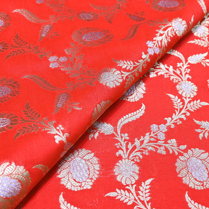 Vermilion Red & Silver Zari Floral Brocade Fabric.