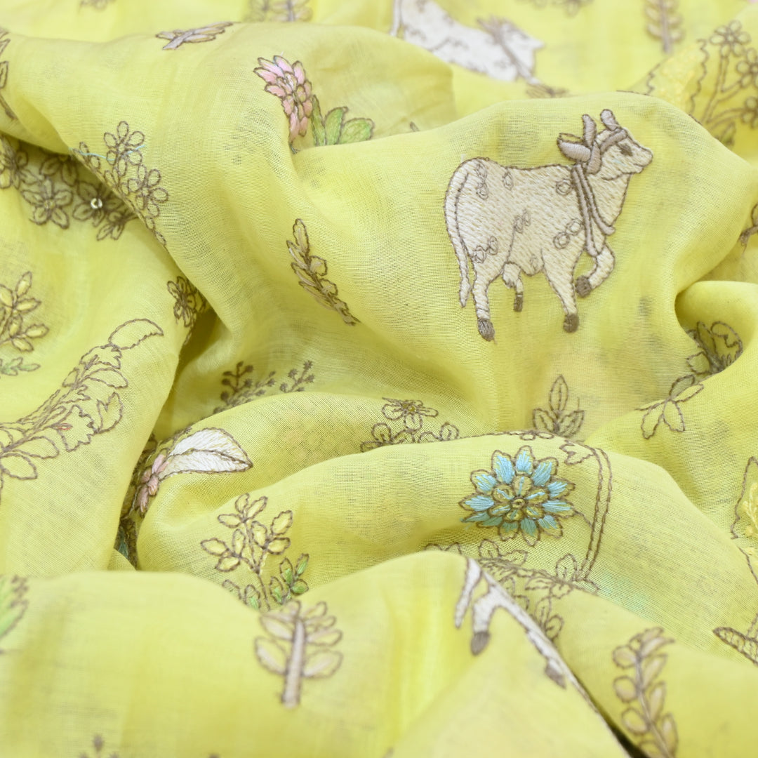Lime Yellow Mul Chanderi Fabric with Sequins & Thread  Embroidery