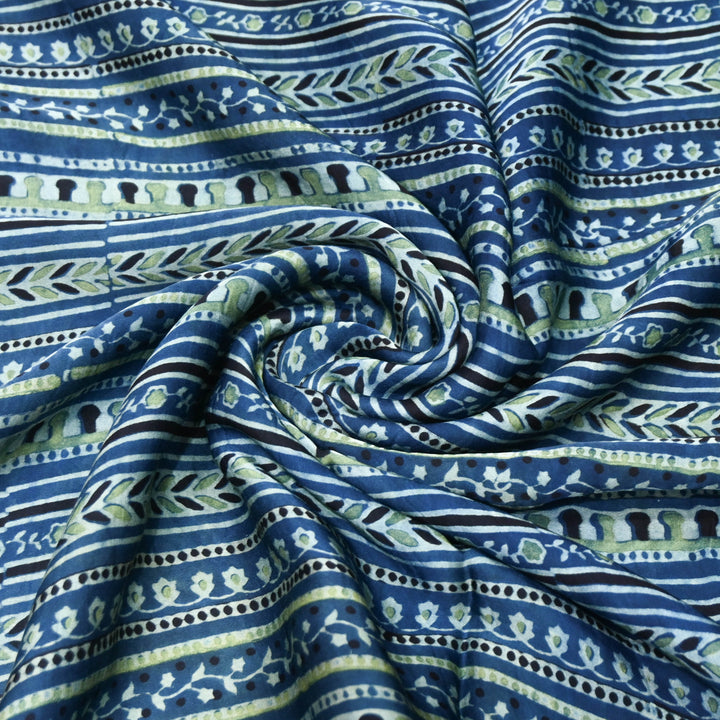 Indigo Blue Modal Satin Fabric in Digital Print.