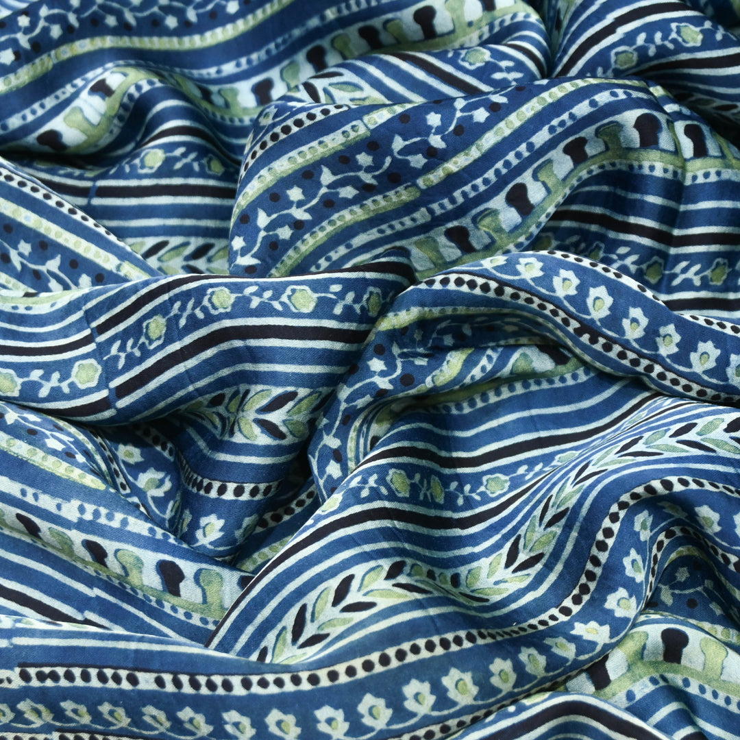 Indigo Blue Modal Satin Fabric in Digital Print.